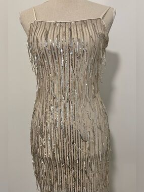 Trixxi Nude Beaded Fringe Strapless Mini Dress